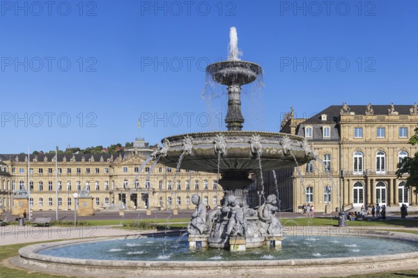 Schlossplatz Stuttgart with New Palace and fountain with fountain bowl. Place of interest in Stuttgart, Baden-Württemberg, Germany