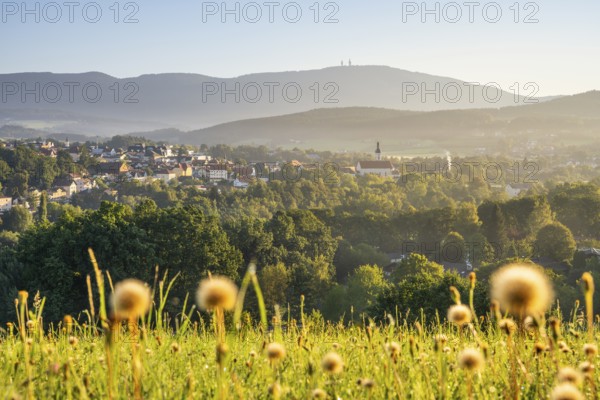 View from the pilgrimage church Weißenregen over Bad Kötzting to the Hohenbogen (Hoher Bogen) . In the centre right the parish church Mariä Himmelfahrt. In the morning. Bad Kötzting, District of Cham, Upper Palatinate, Bavarian Forest, Bavaria, Germany