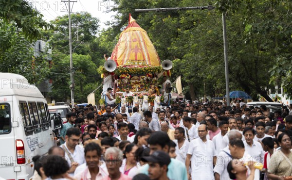 Hindu devotees takes part in Rath Yatra religious procession Guwahati, India on June 27, 2025. Rath Yatra, also known as the Chariot Festival, is a major Hindu festival celebrated in India