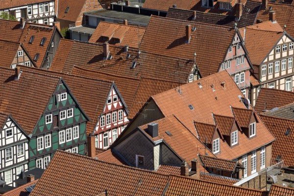 View from the town church tower over the roofs of the historic old town with its four hundred half-timbered houses, Celle, Lower Saxony, Germany