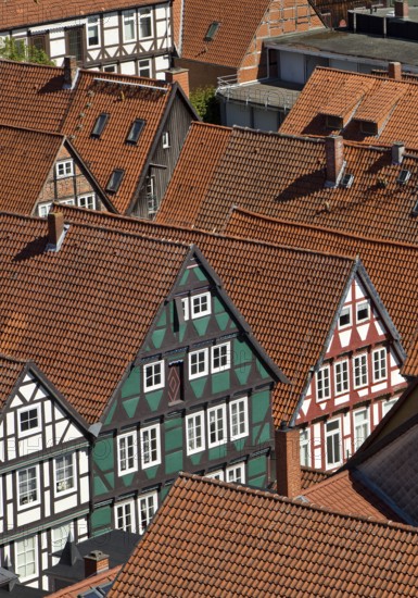 View from the town church tower over the roofs of the historic old town with its four hundred half-timbered houses, Celle, Lower Saxony, Germany