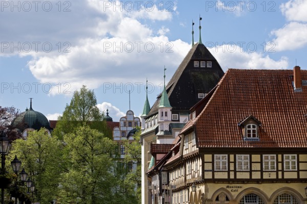 Celle Castle, Bomann Museum and half-timbered house with museum café in the old town, Celle, Lower Saxony, Germany
