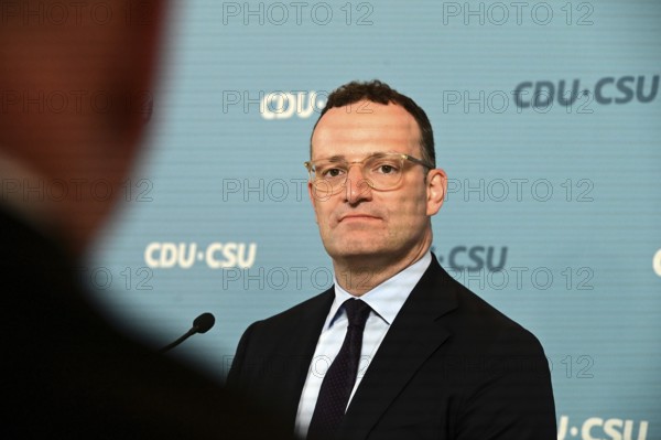 The Chairman of the CDU/CSU parliamentary group, Jens Spahn (CDU), and his deputy Alexander Hoffmann (CSU) at the weekly press statement in front of the parliamentary group meeting room in the Reichstag. This time it was about the expert opinion on the purchase of masks, among other things