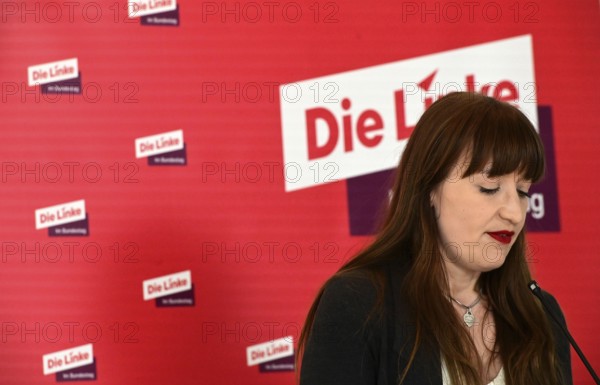 Heide Reichinnek and Sören Pellmann, leaders of the Left Party parliamentary group in the German Bundestag, at the weekly press statement in front of the parliamentary group meeting room in the Reichstag building