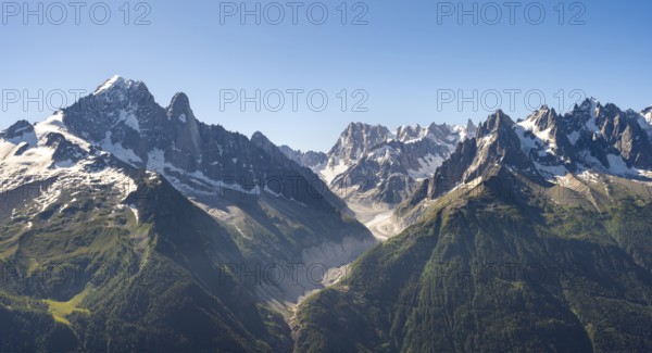 Mountain peak Grandes Jorasses and glacier Mer de Glace of the Mont Blanc massif, Chamonix-Mont-Blanc, Haute-Savoie, France
