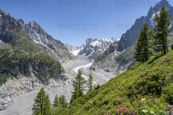 Picturesque mountain landscape with imposing mountain peaks and glaciers, Grand Balcon Nord, Mer de Glace glacier tongue, Grandes Jorasses at the back, Mont Blanc massif, Montenvers, Chamonix, Haute-Savoie, France