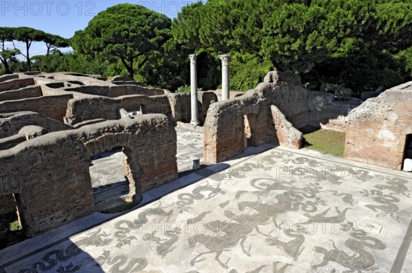 Ruins with mosaics on the floor of the Terme di Nettuno, thermal baths of the sea god Neptune, Roman bathhouse, ancient port city of Rome, excavation site Archaeological Park Ostia Antica, metropolitan city of Rome, Lazio, Italy