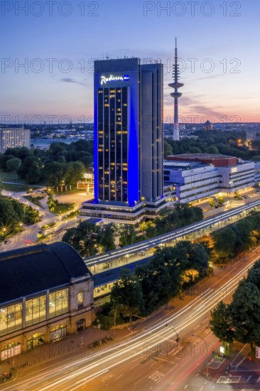 Aerial view of the CCH and Radisson Blue Hotel with television tower Heinrich-Hertz-Turm (Telemichel) at Dammtor at sunset, Hamburg, Germany