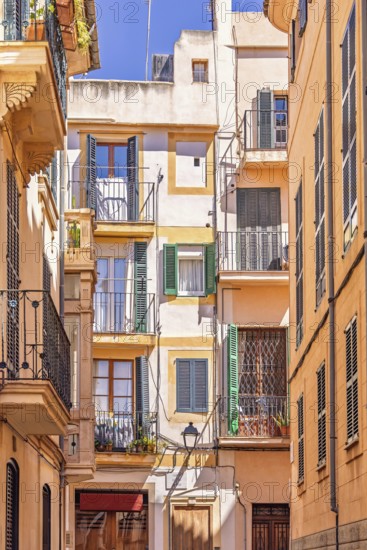Residential building with balconies at the flats in a narrow alley in the old town at Palma de Mallorca, Palma de Mallorca, Mallorca, Spain