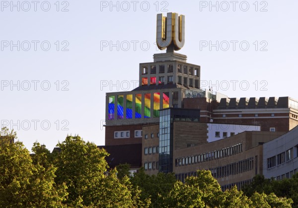Dortmunder U, Flying pictures by Adolf Winkelmann with green trees, Dortmund, Germany