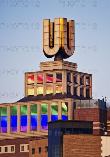 Dortmunder U, Flying pictures by Adolf Winkelmann at sunrise, Dortmund, Germany