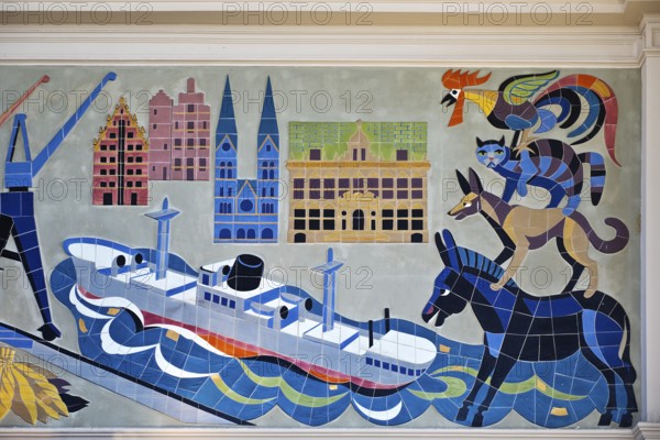 Wall mosaic, 1950s in the reception hall, detail of the advertising space for Martin Brinkmann AG with Town Musicians, Bremen Central Station, Germany