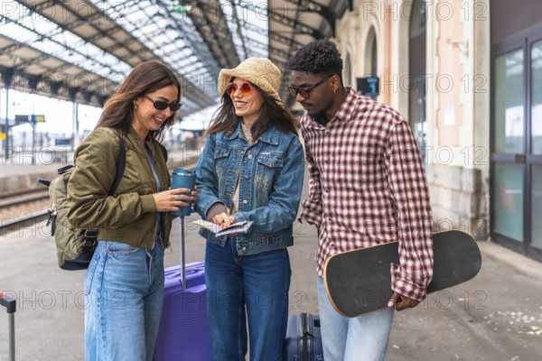 Happy tourists checking their train tickets and passports at the station, ready for their next adventure