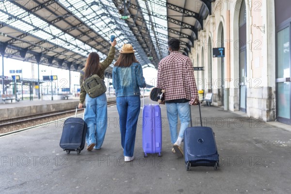 Three young tourists are walking inside a train station pulling their trolley bags and a skateboard, ready to get on the train for their next destination