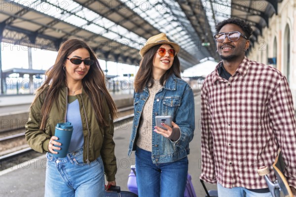 Three young tourists are walking through a train station, pulling suitcases and carrying a skateboard, ready for their next adventure