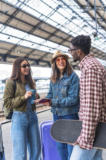Happy diverse group of young tourists checking passports and smiling while waiting for their train inside a station