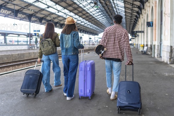 Three young tourists are walking away from camera in a train station with their suitcases and a skateboard, ready to start their vacation