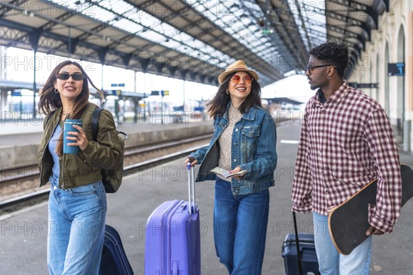 Three young tourists are walking along a train platform, carrying luggage and a skateboard, ready for their next adventure