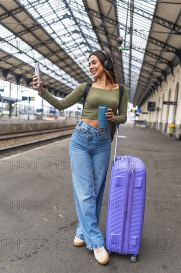 Tourist taking selfie with smartphone while waiting for train arrival at station platform, holding reusable coffee cup and carrying luggage