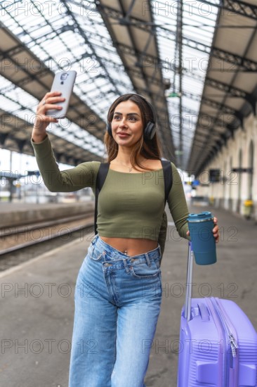 Tourist taking selfie with smartphone while walking in train station with luggage and reusable water bottle