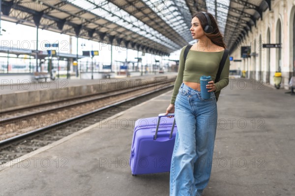 Tourist wearing headphones, holding reusable coffee cup and pulling suitcase while walking in train station