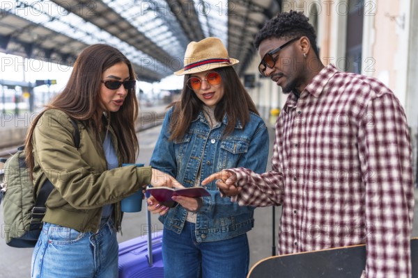 Group of young tourists checking passport and train ticket on platform, ready to travel by train