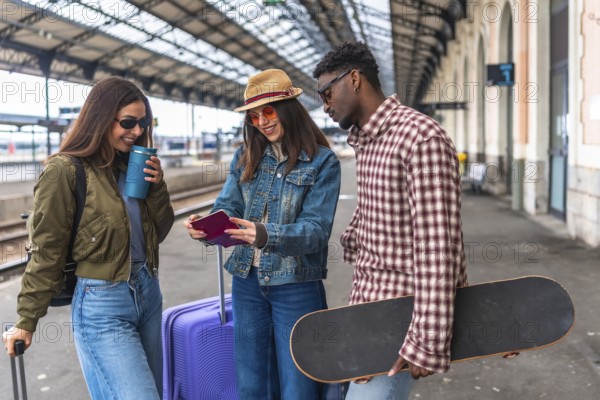 Group of friends looking at passport and travel documents on railway platform, ready for summer vacation