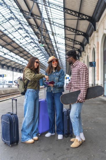 Group of friends waiting at the railway station, displaying passports and tickets while eagerly anticipating their upcoming train journey