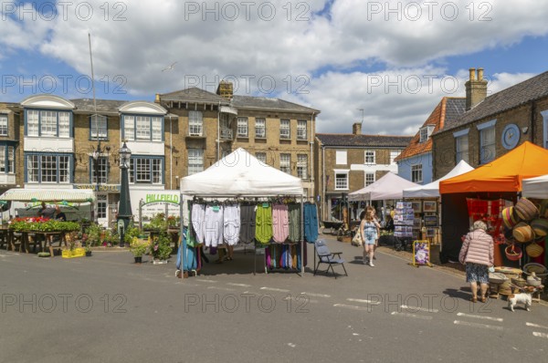 Market stalls in Market Place, town centre of Southwold, Suffolk, England, UK