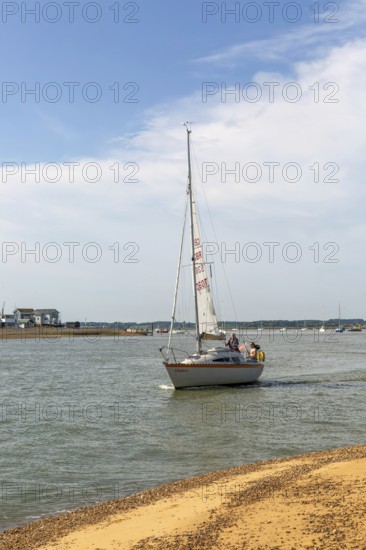 Sailing boat yacht at mouth of River Deben estuary, Bawdsey Quay, Suffolk, England, UK