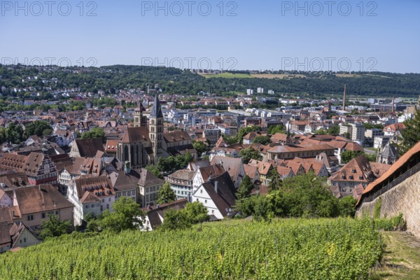 View from the Seilergang, defence wall of Esslingen Castle, down to the old town of Esslingen with the Zwiling towers of the town church of St. Dionys, Esslingen am Neckar, district of Esslingen, Baden-Württemberg, Germany
