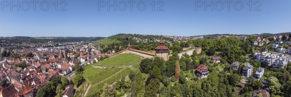 Aerial view, panorama of the city of Esslingen am Neckar with Esslingen Castle, Dicker Turm, Seilergang and vineyard, district of Esslingen, Baden-Württemberg, Germany