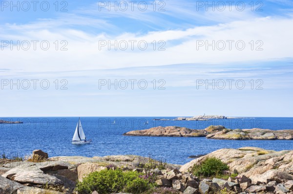 Archipelago with sailing boats off the coast of Lysekil, Bohuslän, Västra Götalands län, Sweden, Scandinavia
