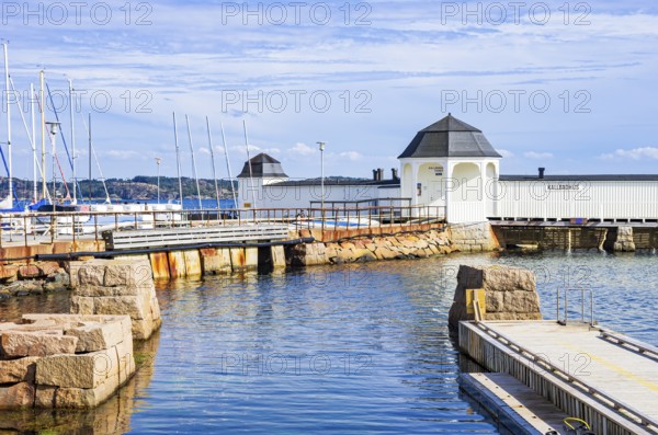 Picturesque view of the Kallbadhus, the cold bathhouse of Lysekil, Bohuslän, Västra Götalands län, Sweden, Scandinavia