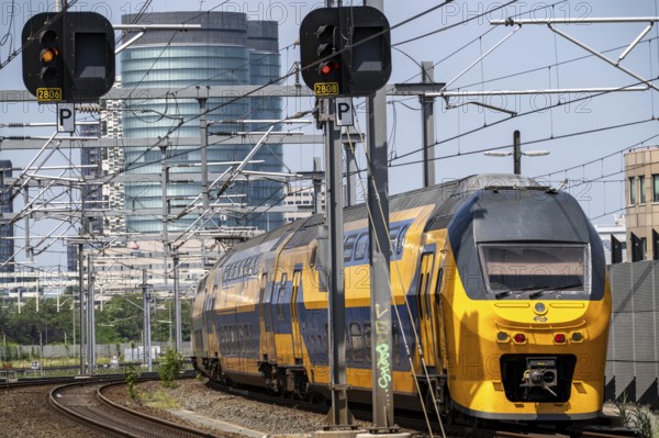 Rail transport in the Netherlands, Nederlandse Spoorwegen, Intercity train, double-decker IC VIRM, on the tracks in front of Utrecht Centraal station, Netherlands