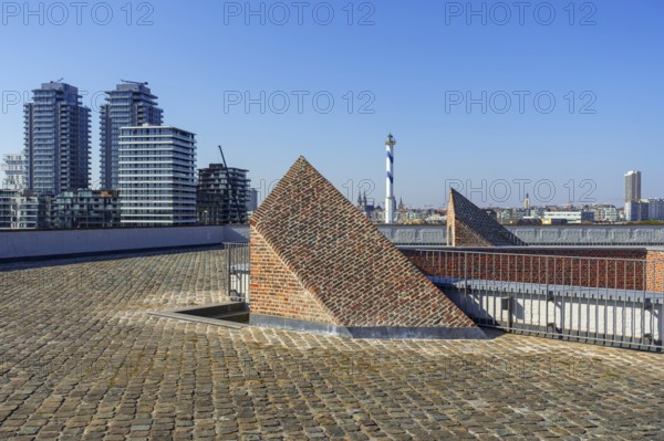 Skyline of the city Ostend, Oostende seen from Fort Napoleon of the Napoleonic era in the dunes along the North Sea coast, West Flanders, Belgium