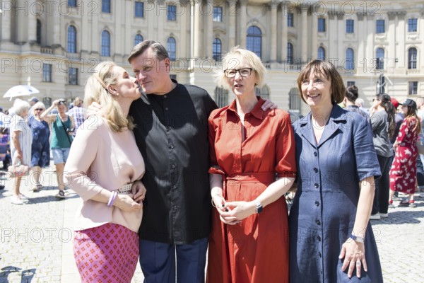 Sarah Wedl-Wilson (Senator for Culture), Christian Thielemann (Conductor and General Music Director Staatsoper Berlin), Nina Englert (BMW Berlin) and Elisabeth Sobotka (Artistic Director) pose for a group photo in front of the Staatsoper für alle, a free open-air concert with conductor Christian Thielemann and the Staatskapelle Berlin on Berlin's Bebelplatz, Berlin, 22 June 2025
