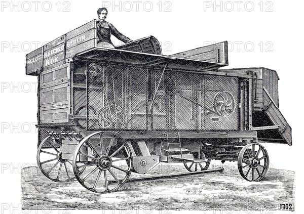 Agriculture, threshing machine with protective device by Eckert, around 1860, digitally improved reproduction of a 19th century model, historical, exact date unknown
