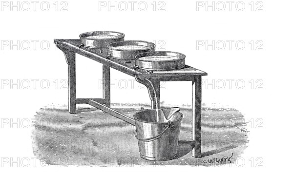 Dairy industry, butter production, French skimming device around 1860, digitally improved reproduction of a 19th century model, historical, exact date unknown