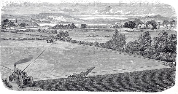 Farming and agriculture, single-machine steam plough, system B, by John Fowler, around 1860, digitally improved reproduction of a 19th century model, historical, exact date unknown