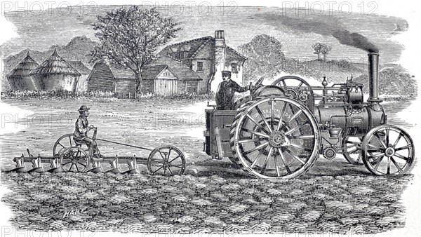 Agriculture, tillage, gang steam plough apparatus by John Fowler, around 1860, digitally improved reproduction of a 19th century model, historical, exact date unknown