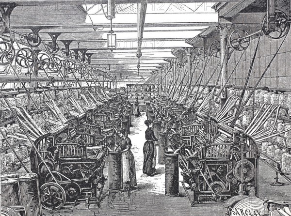 Textile processing, spinning mill, view into a wool combing mill, around 1860, digitally enhanced reproduction of a 19th century model, historical, exact date unknown