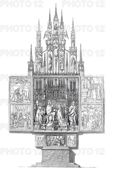 Altar from the Catholic parish and pilgrimage church of St. Wolfgang in St. Wolfgang am Wolfgangsee in Upper Austria, Salzkammergut, Austria, Historical, digitally enhanced reproduction of an original from around 1860