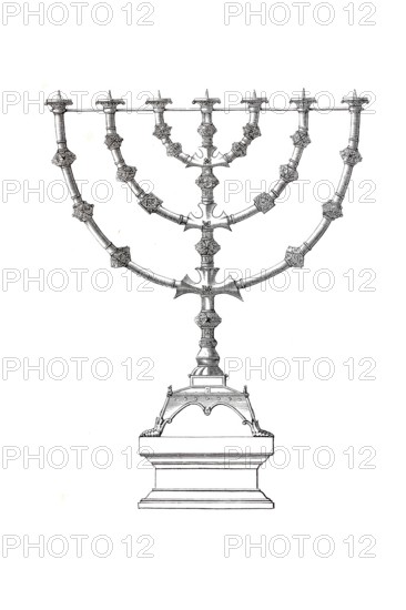 Religious artefacts, Seven-armed candlestick from Essen Minster, Episcopal Church of the Diocese of Essen, North Rhine-Westphalia, Germany, Historical, digitally enhanced reproduction of a model from around 1860
