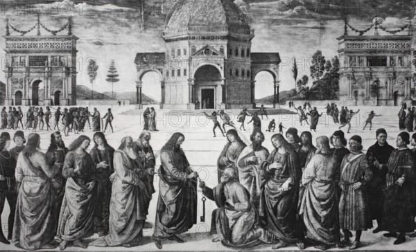 The Handing over of the Keys to St Peter, 1482, Pietro Perugino, Sistine Chapel, Vatican, digitally enhanced reproduction of a 19th century model, historical, exact date unknown