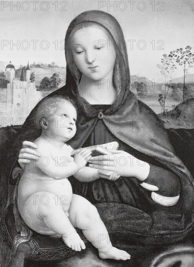 Madonna with Child and Book, 1502, after an oil painting by Raphael, digitally enhanced reproduction of a 19th century model, historical, exact date unknown