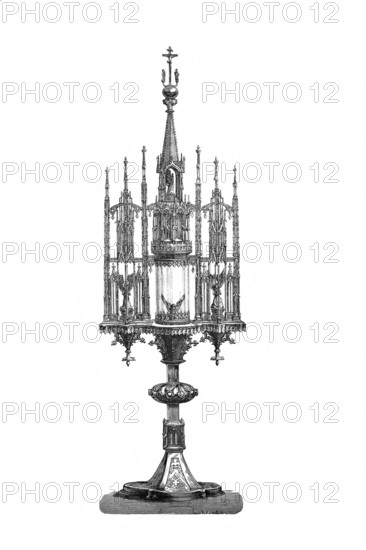Religious objects of worship, monstrance, precious liturgical display device decorated with gold and often also with precious stones, ostensorium, with a window area in which a consecrated host is solemnly displayed for veneration and worship during services and processions in the Roman Catholic Church, here from Sedlitz, Historical, digitally enhanced reproduction of a model from around 1860