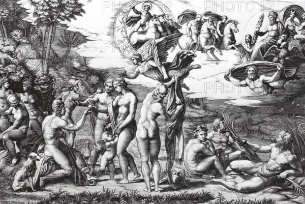 The Judgement of Paris, a famous episode from Greek mythology. The young prince Paris must pass judgement on which of three goddesses is the most beautiful: Hera, Athena or Aphrodite, Marcantonio Raimondi, engraving after a lost drawing by Raphael, 1516, digitally enhanced reproduction of a 19th century model, historical, exact date unknown