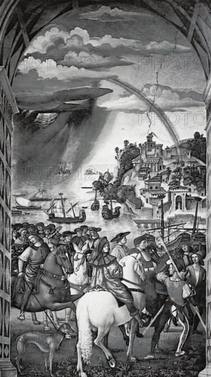 Pius II, Enea Silvio Piccolomini, Enea Silvio Bartolomeo (de') Piccolomini, born 18 October 1405, died 14 August 1464, Pope of the Roman Catholic Church from 1458 to 1464 on his departure for the Council of Basel, 1506, fresco by Pinturicchio in the Cathedral of Siena, Italy, digitally enhanced reproduction of a 19th century model, historical, exact date unknown