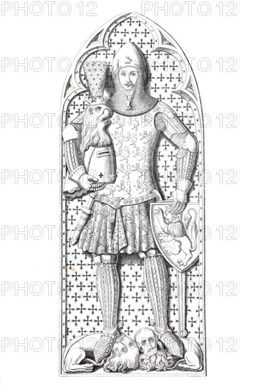 Tomb slab of Günther von Schwarzburg in Frankfurt Cathedral, Günther XXI, Count of Schwarzburg-Blankenburg (1304 to 1349), German nobleman who stood against King Charles IV of the House of Luxembourg as anti-king in 1349, around 1850, Germany, Historical, digitally enhanced reproduction of an original from around 1860